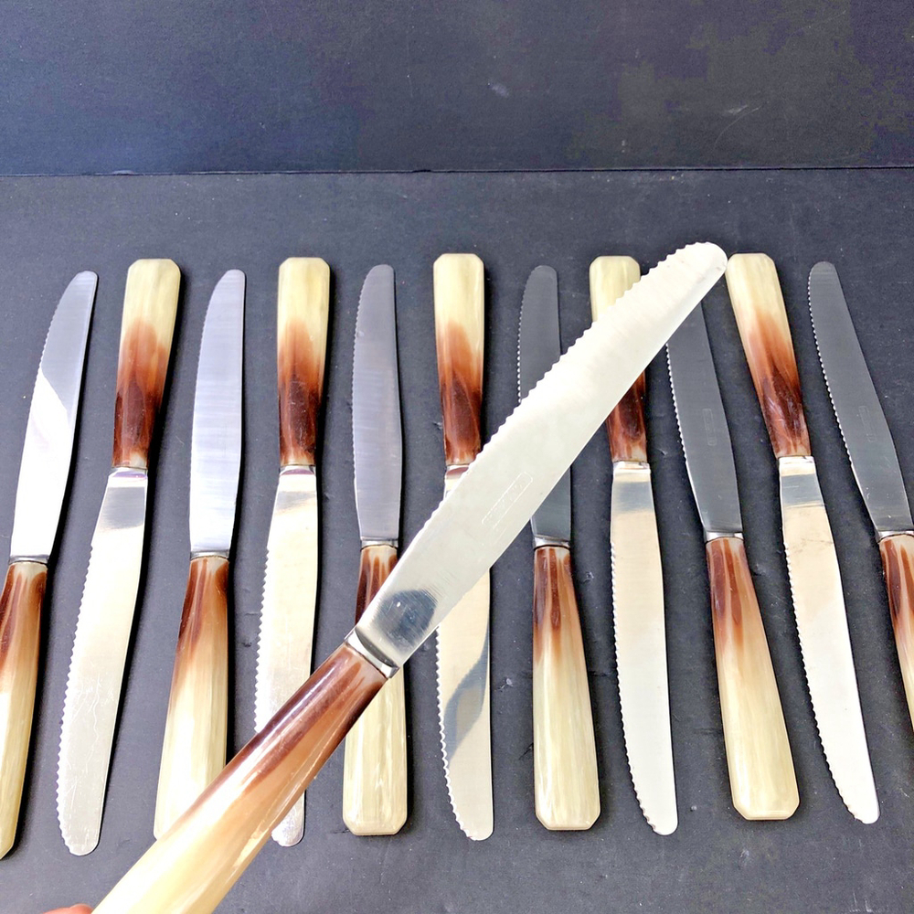 12 Vintage Butter Knives With Bakelite Handle 9” Serrated MCM Inoxydable France